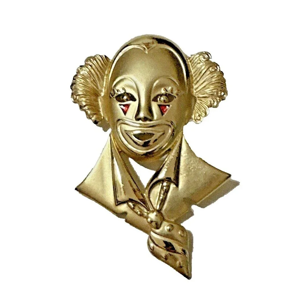 EnVIE Circus Clown Brooch Vintage 1980s Satin Glossy Gold Tone Pin NWOT NOS